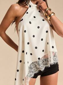 Top de satén con escote halter y espalda descubierta con aplicaciones de encaje, adecuado para fiestas, cócteles, ocasiones formales, Navidad y vestimenta casual de negocios - Blanco 2 - Ver 3