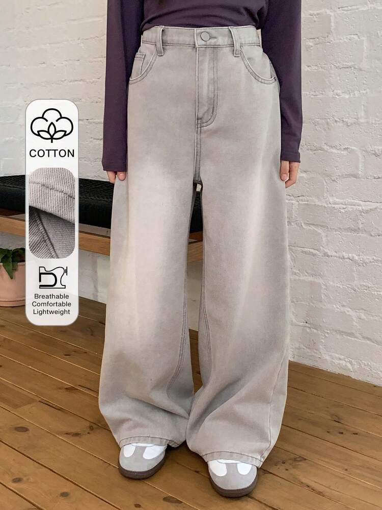 Tween Girls' Solid Color Slant Pocket Casual Versatile Wide Leg Jeans