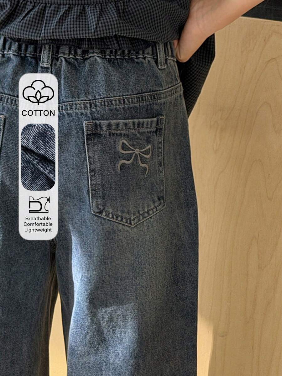 DAZY 少女蝴蝶结刺绣口袋阔腿宽松休闲百搭牛仔裤 - 藍色 - 查看 1