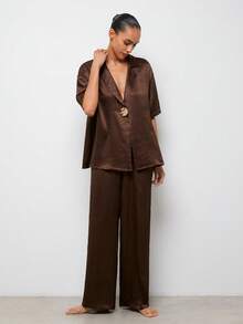 Maija Brown Satin Women's Suit Set, Short Sleeve, Textured, Loose, Casual, Urban - Brown - View 3