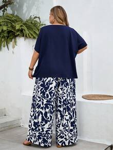 SHEIN CURVE+ Curve Size US22Music Festival, Seaside Vacation, Bohemia2pcs Women Vacation Loose Shirt And Ditsy Floral Pants Set Pants Set Summer Outfit, Summer Tops - Navy Blue - View 2