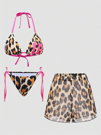Slaydiva 大码女式豹纹时尚休闲度假露背比基尼套装