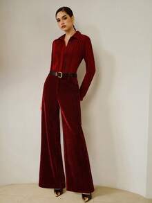 ZEYLAH Women's Fashionable Solid Color Wide Leg Pocket Pants, Autumn/Winter - Burgundy - View 7