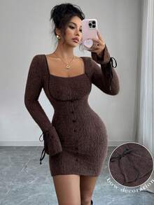 Modelyn Women's Fall Elegant Short Dress, Autumn/Winter - Coffee Brown - View 5