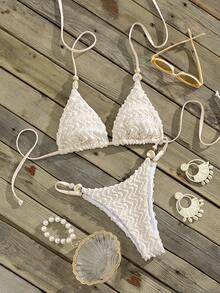 Swim Chiccia Women's Beach Spring/Summer Music Festival Knitted Jacquard Beaded Strap Thong Sexy Vacation Style Bikini Set - Beige - View 3