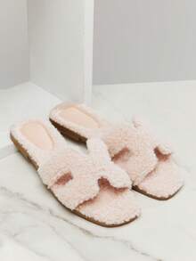 SHUZIA 女士柔软舒适保暖毛绒奢华风镂空露趾羊毛粉色拖鞋新年假期情人节礼物夏季鞋情人节春季鞋 - 粉色 - 查看 6