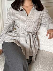 DAZY Chaqueta regular con cinturón y cuello a rayas para mujer, primavera/verano - Albaricoque - Ver 5