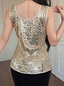 DAZY Women's Sleeveless Sequin U-Neck Top, Summer - Gold - View 2
