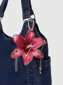 ROMWE Grunge Punk 1 Lily Simulated Flower Keychain, Hand-Punched And Pierced Creative Pendant, Personalized Bag Accessories - Burgundy - View 2