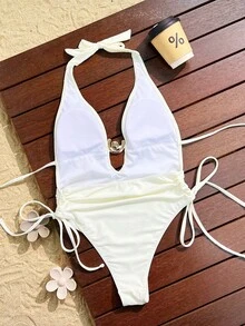 Swim SXY Solid Deep V Neck Twist Ruched Metal Decor Casual Beach Swimsuit For Women - Beige - View 2