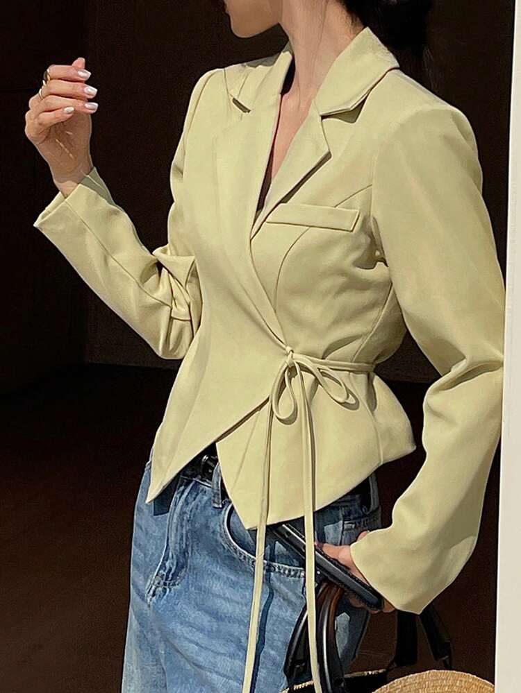 Women's Fashion Solid Color Distressed Lapel Wrap Tie Blazer Jacket
