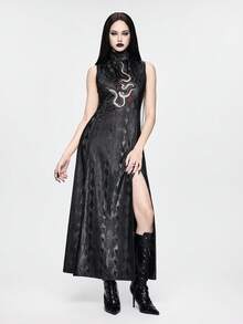 ROMWE Đầm dài ôm sát kiểu Trung Quốc cổ tàu thêu họa tiết da rắn tương phản màu sắc theo phong cách Gothic tối màu mới. - màu đen - Xem 3