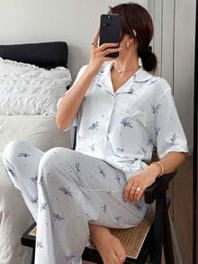 DAZY 2pcs Cute Dragonfly Pattern Loose Short Sleeve Cardigan And Long Straight Leg Pajama Pants Set, Women Summer Sleepwear - Baby Blue - View 3