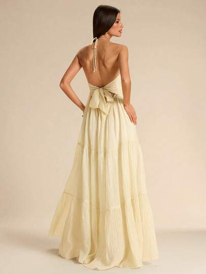 SHEIN BAE Apricot Color Spaghetti Strap Backless Tie Bow Dress, Bohemian Beach Holiday Long Dress, Textured Pleated Summer Vacation Long Dress ,Summer Dress,Elegant Dress