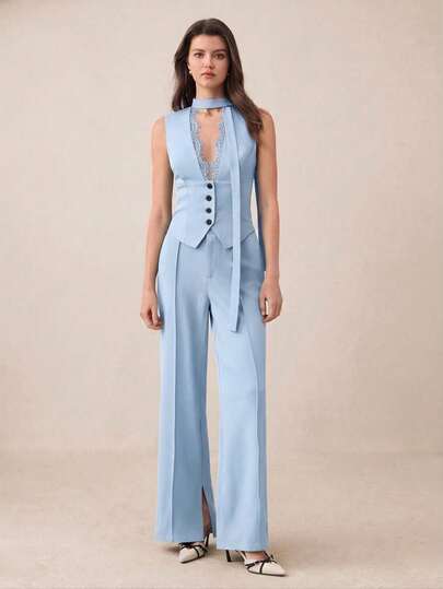 BizChic New Spring/Summer V-Neck Lace Trim Patchwork Front Button Tie Strap Vest For Women, Versatile Layering Piece For Summer