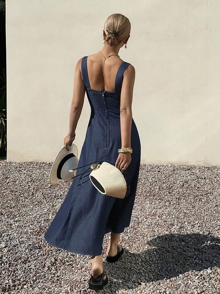 Women's Denim Dress With Wide Strap And Waist Cinching Maxi Dress