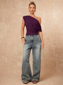 Lumalex 秋冬高端女装休闲日常通勤优雅纯色腰部不对称肩部褶皱上衣 - 紫色 - 查看 3