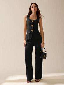 SHEIN Tall 女款純色極簡無袖上衣與長褲兩件套，休閒日常穿著，適合高個女性 - 黑色 - 查看 2