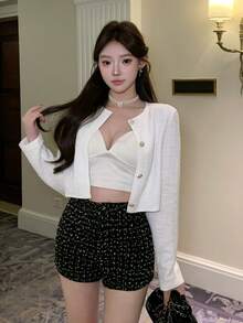 DAZY 女士休闲格子短裤，腰部纽扣设计 - 黑色 - 查看 7
