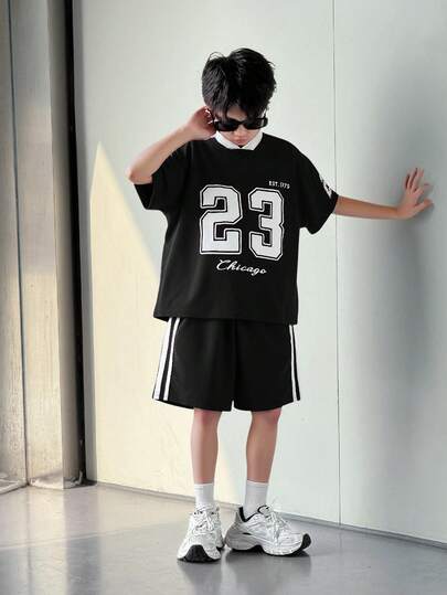 SHEIN 男童宽松运动短袖短裤套装