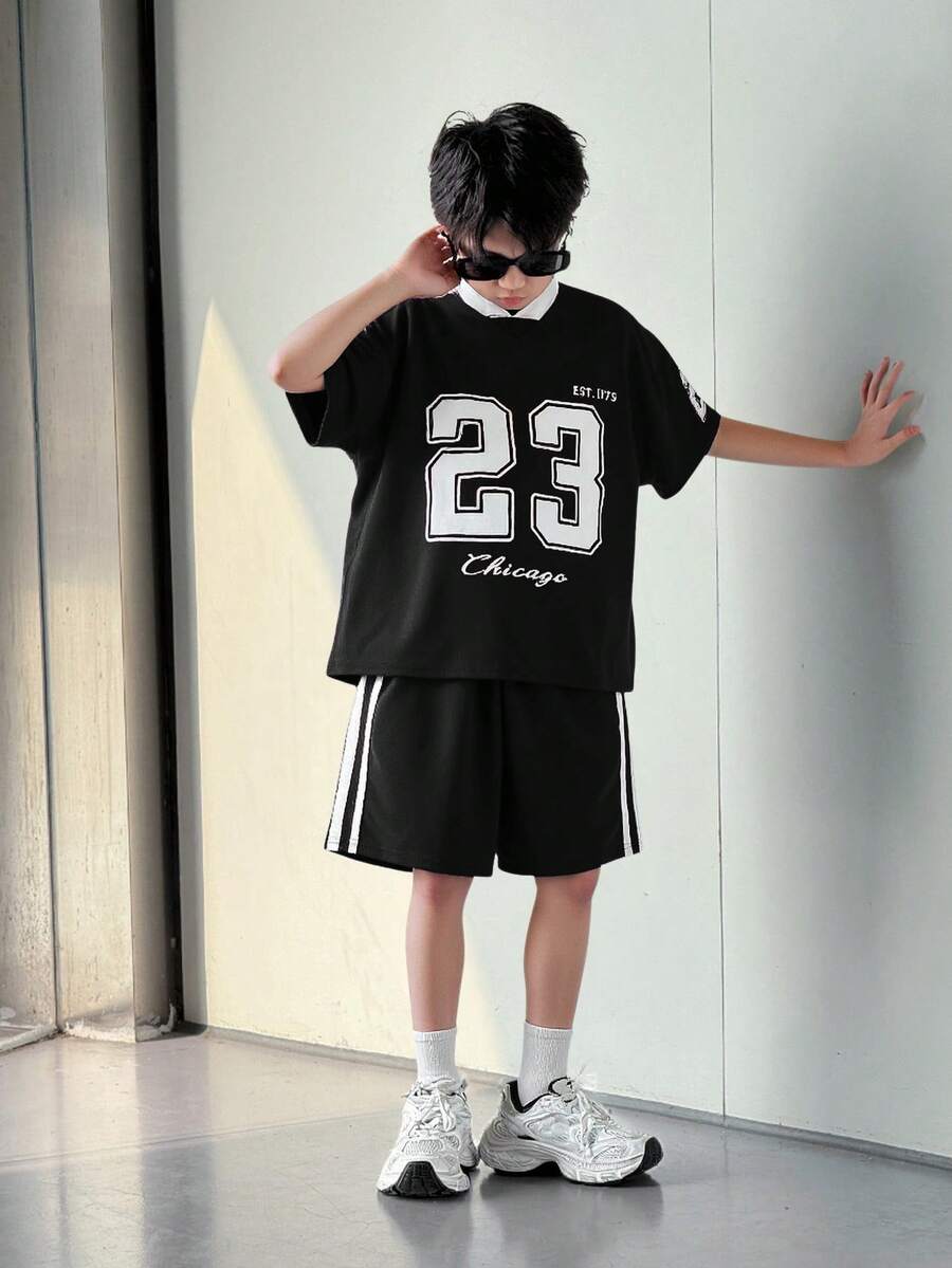 SHEIN Tween Boy Loose Fit Sports Short Sleeve Shorts Set,Kids - Black - View 1