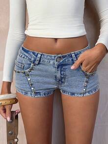 TRNVIE Women's Beaded Pocket Button Casual Versatile Daily Wear Denim Super Short Shorts - Blue - View 1