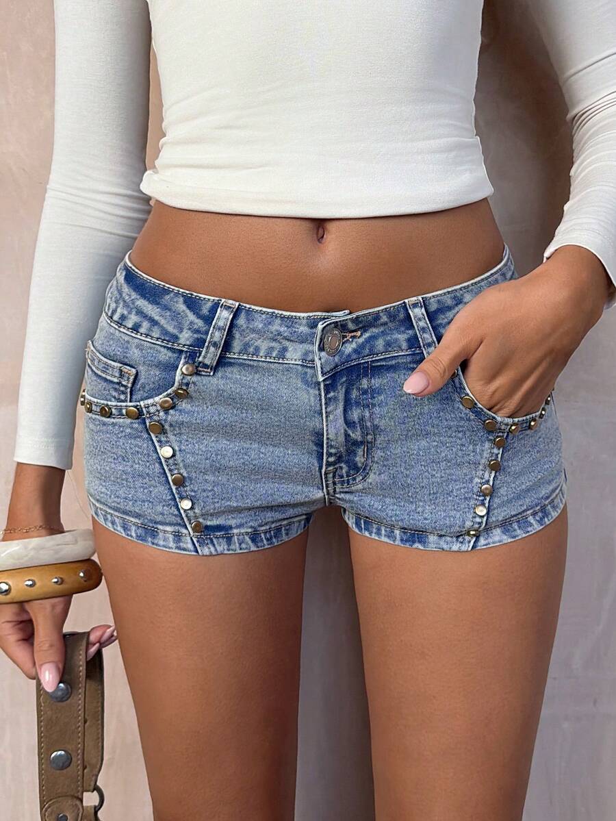 TRNVIE Women's Beaded Pocket Button Casual Versatile Daily Wear Denim Super Short Shorts - Blue - View 1