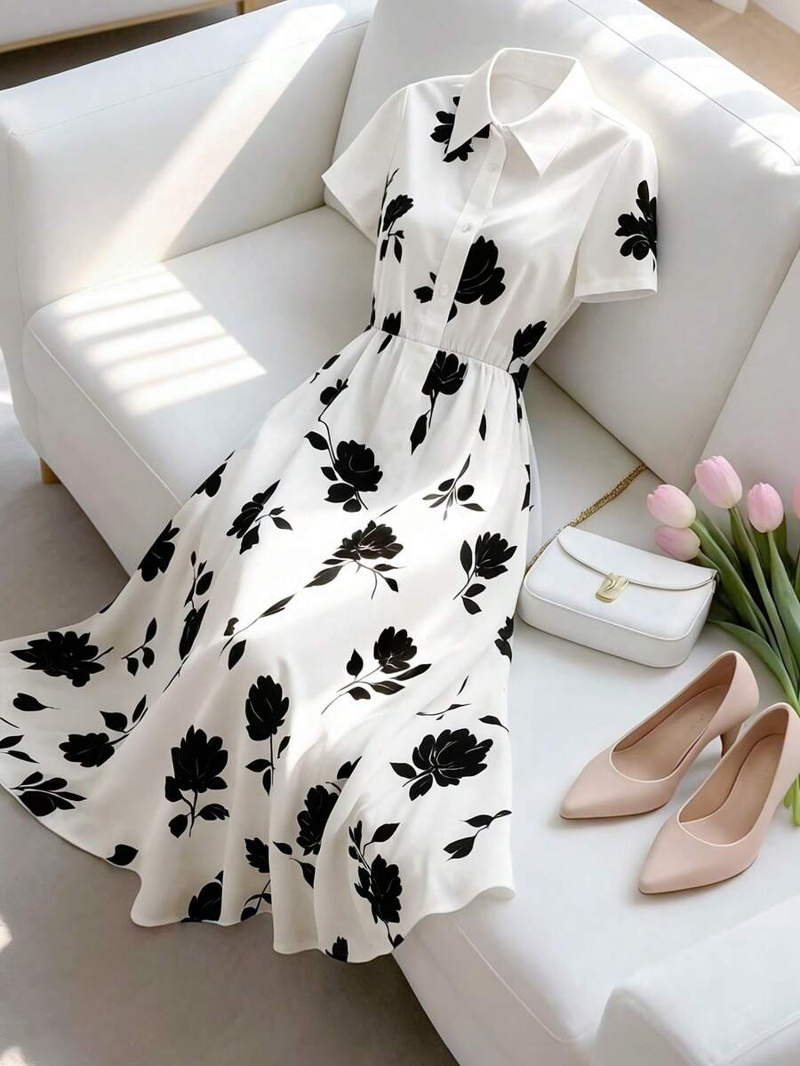 SHEIN Clasi New Summer Elegant Romantic Black & White Floral Print Maxi Dress, Suitable For Office Commute, Vacation Beach, Shirt Collar Maxi Dress - Black and White - View 1