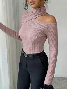 Modelyn 女士纹理不对称领长袖修身休闲T恤，适合秋冬季穿着 - 粉色 - 查看 3