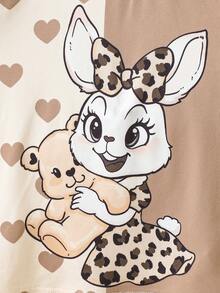 一套女童可爱兔耳豹纹圆领短袖T恤和豹纹打底裤套装，豹纹T恤套装，卡通兔子印花服装 - 杏色 - 查看 6