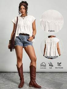 SHEIN LUNE 大码夏季休闲简约纹理纯色荷叶边衬衫棉质上衣波西米亚风美式乡村风宽松白色短袖办公室休闲衬衫西部风女装波西米亚娃娃衫白色上衣音乐节上衣 - 白色 - 查看 6