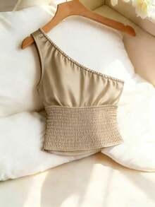 Franclia Champagne Satin Asymmetric Shoulder Design Ruched Fitted Sexy Sleeveless Top - Champagne - View 2