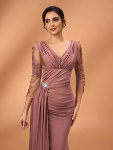 Serin 优雅奢华的镶钻串珠拼接弹力针织泳衣，褶皱美人鱼裙摆，薄纱袖子，适合婚礼、派对、度假、新娘、新娘母亲晚礼服 - 藕粉色 - 查看 6