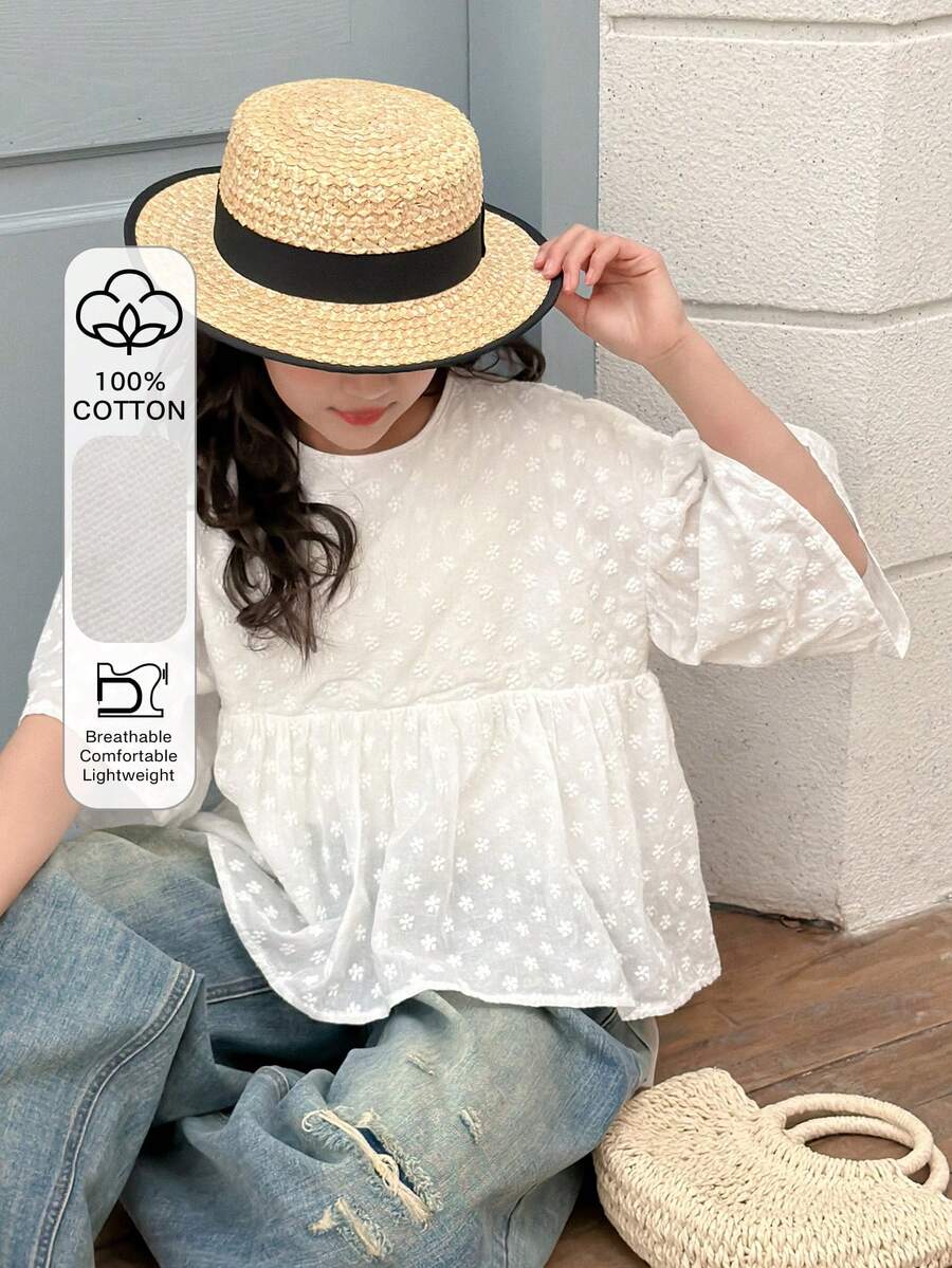 Dazy Kids Tween Girls' Floral Embroidery Decor Round Neck Casual Versatile Daily Wear Short Sleeve Blouse Summer - White - View 1
