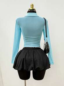 EgrlEra Solid Color Front Button Long Sleeve Casual Sheer Shirt Y2K  - Blue - View 3