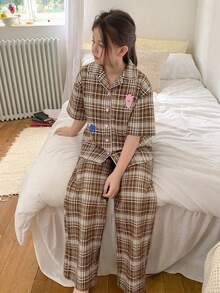 DAZY Girls Plaid Short Sleeve Pajama Set - Khaki - View 3