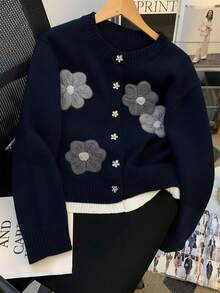 SHEIN Tall CURVE Plus Size Elegant Contrast Floral Button Long Sleeve Cardigan - Navy Blue - View 1