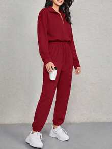 SHEIN Cottnline Women's Solid Color Sweatshirt And Sweatpants 2 Piece Set - Burgundy - View 4