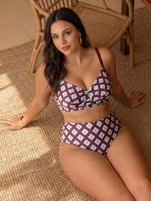 Swim Chiccia 2026 New Elegant Geometric Pattern Plus Size Swimsuit Set, Suitable For Beach Vacation - Yellow - View 4