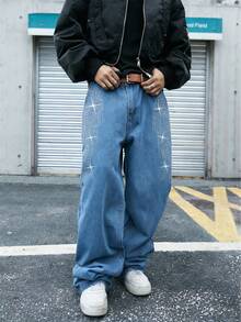 Manfinity EMRG 男士极简美式风格水钻翅膀装饰牛仔裤 - 藍色 - 查看 7