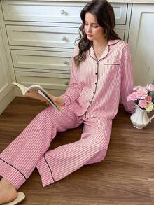 Snug Reverie Minimalist Slouchy Girl Style Yellow Striped Pajama Set, Long Sleeve Top And Pants, Elegant Home Wear, Spring/Autumn - Pink - View 3