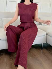 DAZY 女士休闲条纹仿口袋系带阔腿裤两件套，夏季 - 紅色 - 查看 8