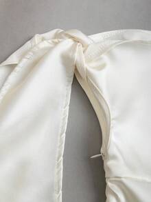 Olithes Women's Ruffle Asymmetrical Shoulder A-Line Mini Dress, Waist Cinched, Sexy French Fashion - Beige - View 3