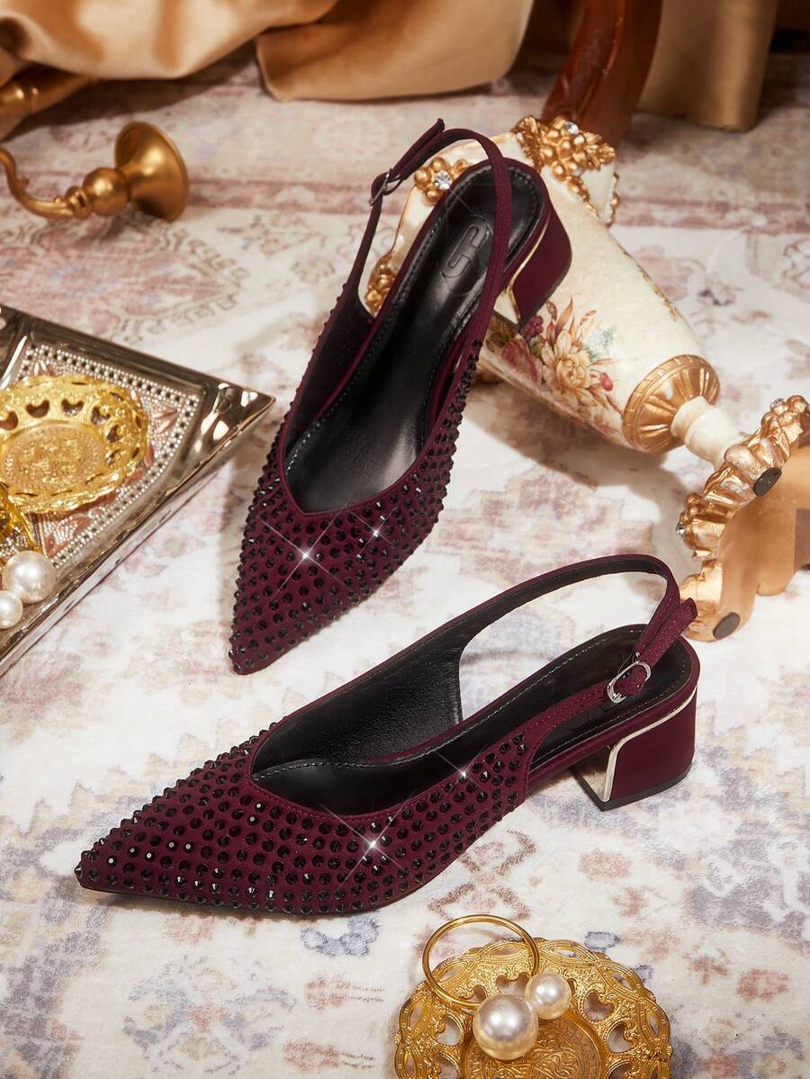 CUCCOO TILAWA Giày cao gót quai sau đính đá, đế thô - Màu Đỏ Sâu - Xem 1