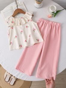 SHEIN 女童碎花荷叶边上衣和阔腿裤可爱两件套 - 彩色 - 查看 8