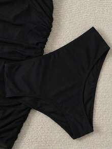 SHEIN Bộ đồ bơi 3 mảnh dành cho thiếu nữ: Áo bikini họa tiết hoa nhí, quần bikini và chân váy buộc dây phía trước màu xanh dương và trắng. - màu đen - Xem 3