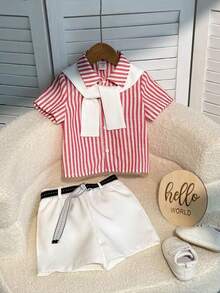 3件套男宝宝学院风可爱百搭条纹短袖衬衫、短裤和披肩绅士套装 - 紅色 - 查看 3