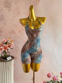 Flirla Body de cuello en U sin espalda con decoración de cuentas ámbar con estampado de leopardo para mujer, conjunto de fiesta vintage sexy para primavera/verano, uso casual y de calle - Multicolor - Ver 5