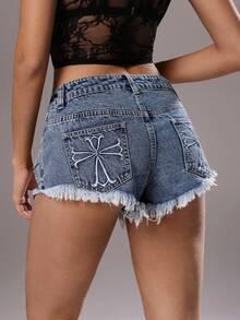 TRNVIE Women's Embroidered Pocket Distressed Frayed Hem Casual Denim Shorts - Blue - View 1