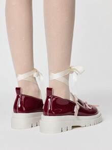 ROMWE Kawaii Women's Fashionable Sweet Bow Decor Lace-Up Flats - Red and pink color matching - View 5
